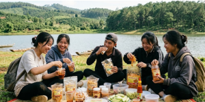 bánh tráng ăn vặt cùng bạn bè picnic